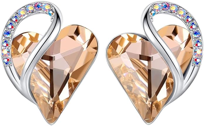 Earrings for Women, Mothers Day Gift for Mom, Heart Birthstone Crystal Stud Earring, Silver Plated Birthday Jewelry