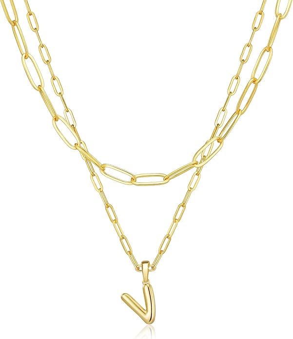 adoyi Gold Necklace for Women Layered Bubble Heart Letter Initial Necklaces for Women Trendy Jewelry 14K Gold Plated Chain Chunky Name Necklace Stack Charm A-Z Pendant Set Jewelry Gifts