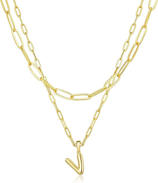 adoyi Gold Necklace for Women Layered Bubble Heart Letter Initial Necklaces for Women Trendy Jewelry 14K Gold Plated Chain Chunky Name Necklace Stack Charm A-Z Pendant Set Jewelry Gifts