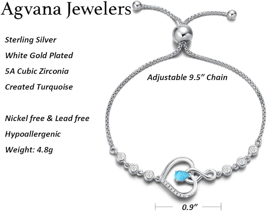 AGVANA Heart Birthstone Bracelets for Women Sterling Silver Genuine or Created Gemstone Tennis Bracelet Infinity Love Jewelry Anniversary Birthday Gifts for Wife Mom Women