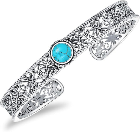 Vintage Dragonfly Filigree Cuff Bracelet, 925 Sterling Silver Adjustable Natural Gemstone Bangle, Boho Insect Jewelry Gift for Women