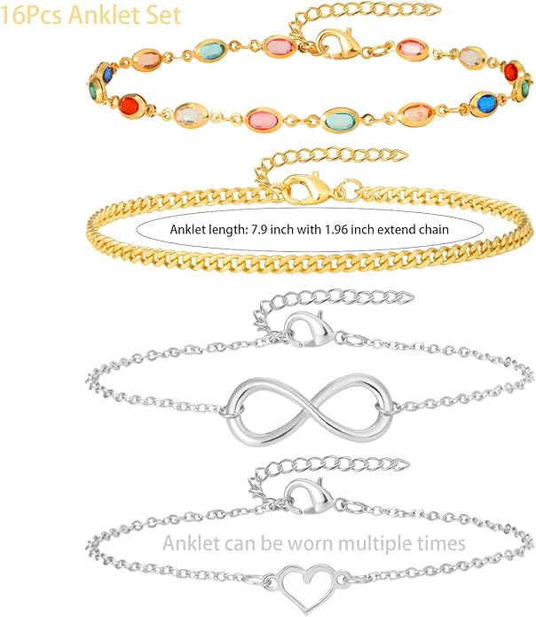 Starain 12Pcs Summer Beach Anklets for Women Waterproof Gold Silver Chain Ankle Bracelets Cute Women's Foot Anklet Set 7.9-10.5 inch Adjustable