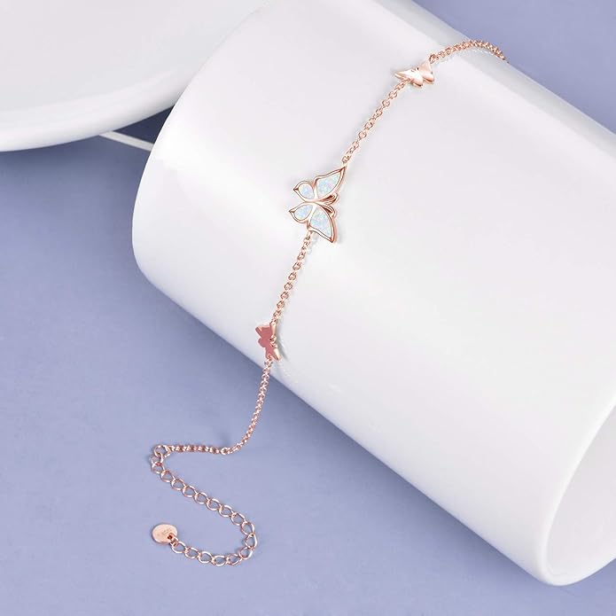 WINNICACA Sterling Silver Butterfly Bracelet Anklet Created Opal Butterfly Jewelry Gifts for Women Birthday Christmas Day Gifts