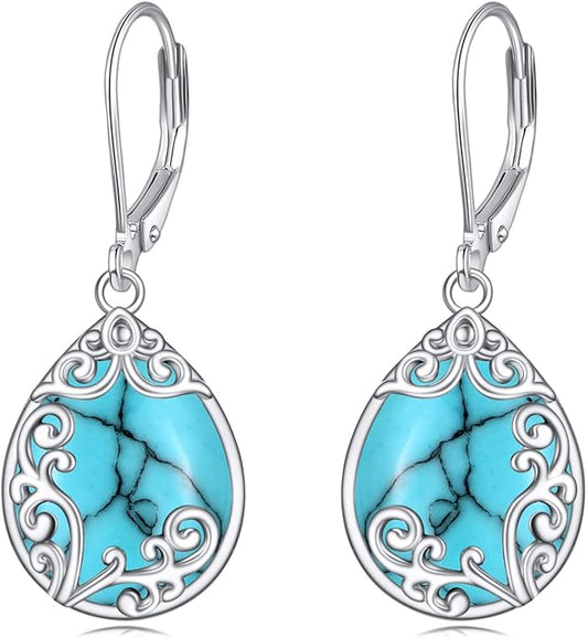 Filigree Earrings Sterling Silver Teardrop Moonstone Moss Agate Lapis Lazuli Larimar Emerald Peridot Opal Dangle Dangly Drop Leverback Earrings Boho Jewelry Gifts for Women