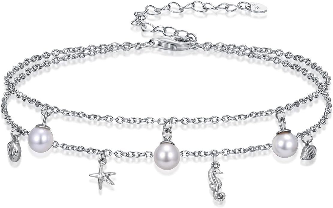 Genuine Pearl Anklets for Women 925 Sterling Silver Adjustable Layered Pearl Ankle Bracelets Foot Jewelry for Summer Beach