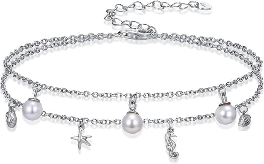 Genuine Pearl Anklets for Women 925 Sterling Silver Adjustable Layered Pearl Ankle Bracelets Foot Jewelry for Summer Beach