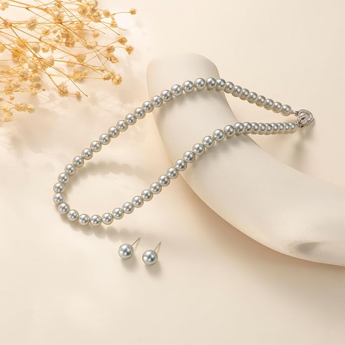 Pearl Necklace 18 inch and Pearl Earrings Studs, Lustrous Gorgeous Imitated Silver/White Pearls Jewelry Set For Women