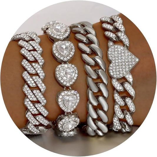 shopbyskyler 4PCS Gold Bracelets for Women Silver Clustered Tennis Bracelet for Women Heart Round Diamond Cuban Bracelet Layered Link Bracelet Set Fashion Jewelry for Women Set