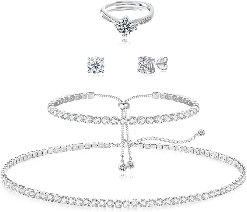 Tennis Necklace Bracelet for Women, Sterling Sliver, Dainty Chocker Necklace, Crystal Bracelet for Women, Wedding Jewelry for Bride, Sparkly Party Prom Hypoallergenic