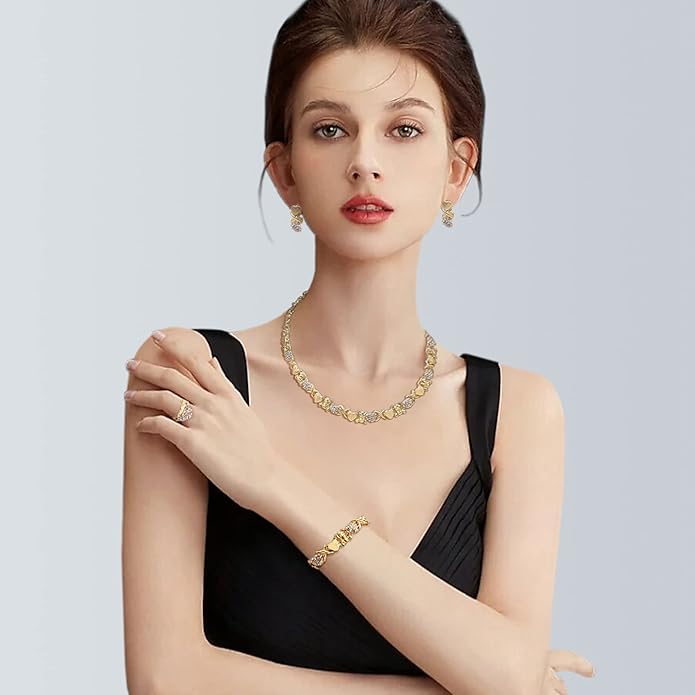 Gold Jewelry Sets for Women 18K Gold/Silver Filled Jewelry Necklace Set Wedding Bridal Fashion Jewelry Sets Women Accessories Bracelets Earrings and Rings Sweetheart Gifts