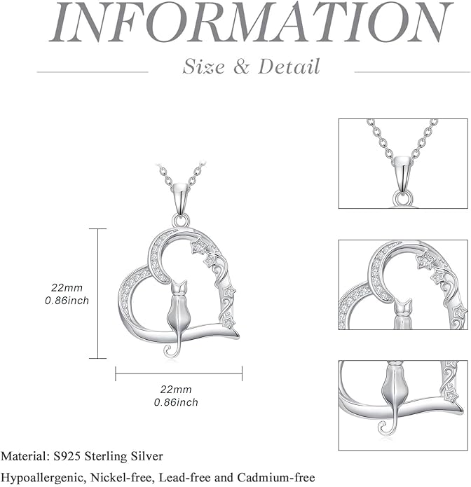 Cat Gifts for Women 925 Sterling Silver Heart Moon Cat Necklace Pendant Women Jewelry Halloween Christmas Gifts