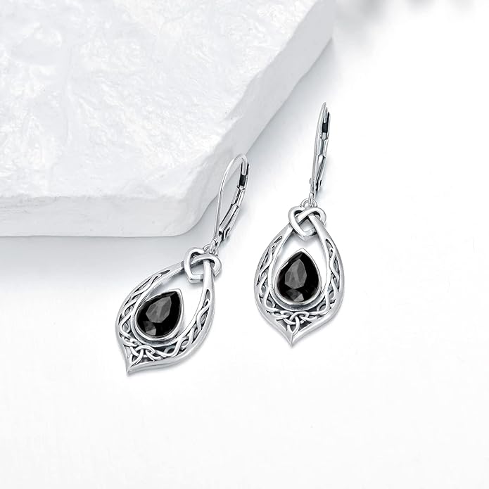 Celtic Knot Dangle Earrings 925 Sterling Silver Oxidized Vintage Drop Leverback Earrings with 8 * 6mm Simulated Birthstone Crystal Christmas Jewelry Gifts for Women (Gift Box)