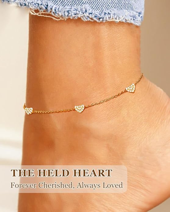 Gold Ankle Bracelets for Women Waterproof - 18K Gold Plated Stainless Steel Dainty Heart Anklets, Non Tarnish Meaningful Gifts for Her Sister Best Friend or Yourself