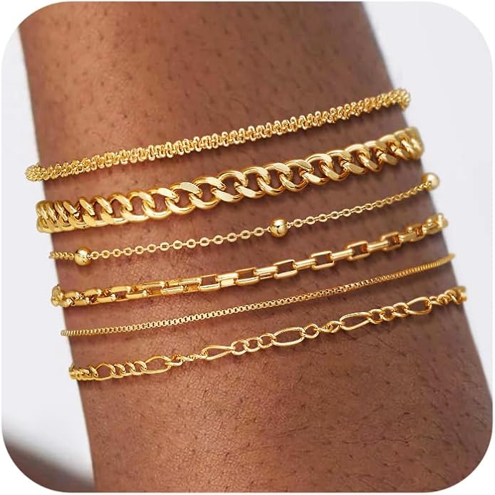 DEARMAY Waterproof Gold Plated Bracelets Set for Women Trendy, Dainty 14K Gold Jewelry Fashion Stackable Tennis Beaded Figaro Herringbone Paperclip Link Bracelet Pack Stack Gifts for Women