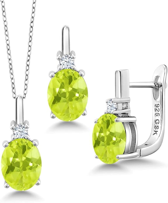 Gemstone Birthstone and White Created Sapphire Pendant and Earrings Jewelry Set for Women in 925 Sterling Silver | Oval 8X6MM and Round 2.5MM | With 18 Inch Chain | Fine Jewelry for Her Mom Women Wife