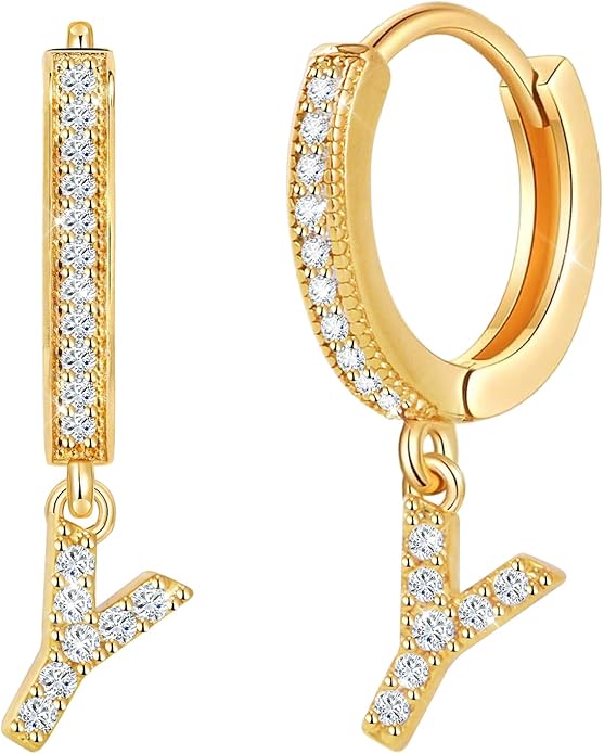 18K Gold Filled Initial Dangle Hoop Earrings for Women, 1 Pair CZ Hypoallergenic Alphabet Letter A-Z Drop Dangle Dainty Gold Earrings, Small Huggie Hoop Earrings with Cubic Zirconia Gifts Jewelry