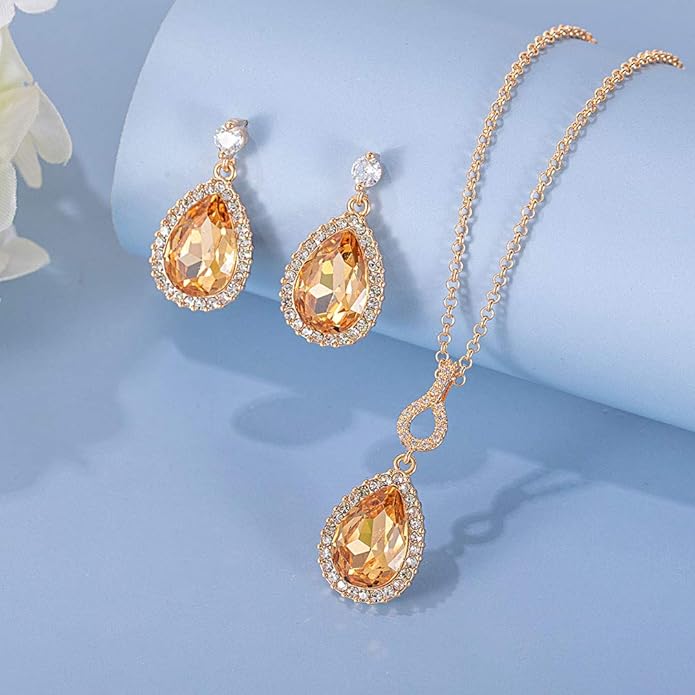Austrian Crystals Teardrop Pendant Necklace Earrings for Women 14K Gold Plated Hypoallergenic Jewelry Set