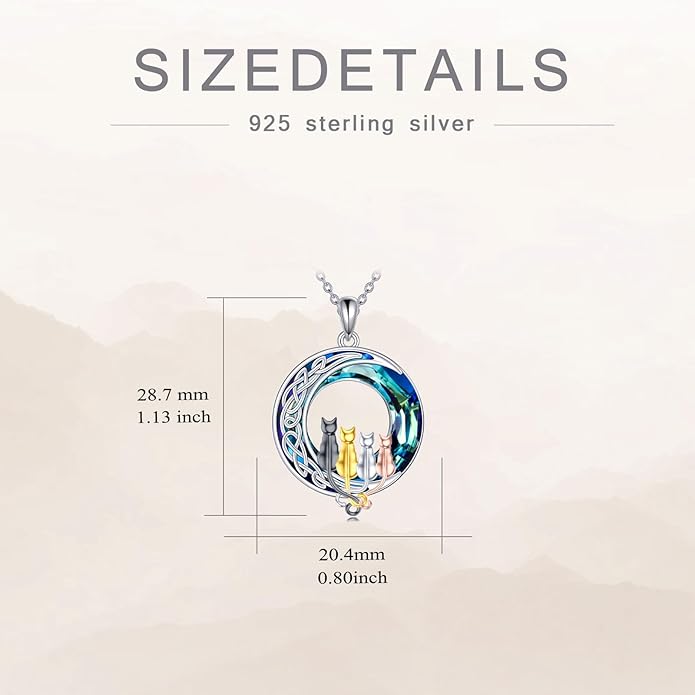 TOUPOP Christmas Cat Gifts for Cats Lovers One Two Three Four Cats Necklace Sterling Silver Cats on the Moon Pendant Necklace with Blue Circle Crystal Birthday Christmas Celtic Jewelry Gifts for Women