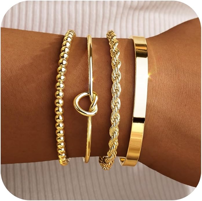 Silver Bracelets for Women Stack, Silver or Gold Plated Cuff Bangle Set, Trendy Silver Jewelry for Women Fashion