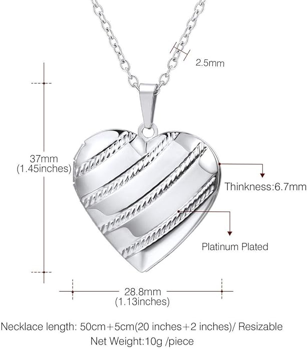 U7 Women Locket Necklace Platinum 14K Gold Photo Lockets that Hold Picture,Chain 20 Inch Personalized Gift Custom Love Heart Image Necklaces