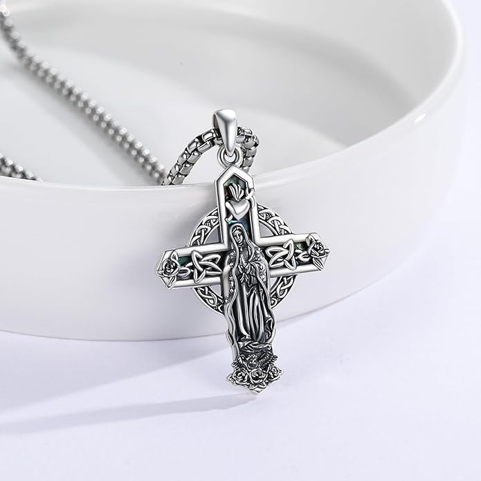 Midir&Etain Cross Necklace 925 Sterling Silver Celtic Christian Pendant Religious Protection Jewelry for Women Men