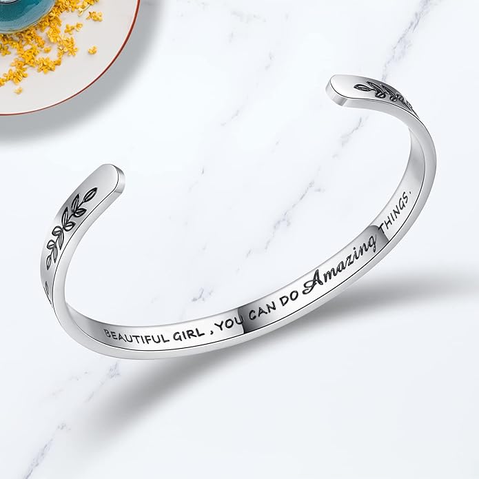TONY & SANDY Inspirational Bracelets for Women Teen Girls Personalized Gifts for Daughter Granddaughter Mom Sister Friends Stainless Steel Engraved Cuff Birthday Easter Christmas
