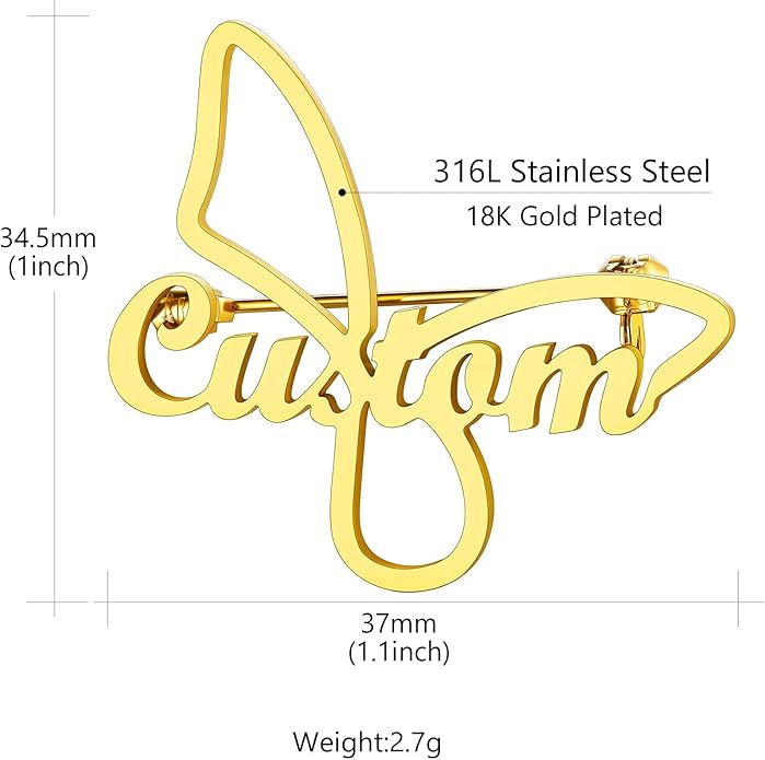 Custom4U Custom Name Pin Personalized Brooch Pins for Women Men Stainless Steel Name Tag with Letters/Initials - Silver/Gold/RoseGold/Black Customized Jewelry Gifts for Birthday Wedding Business Party