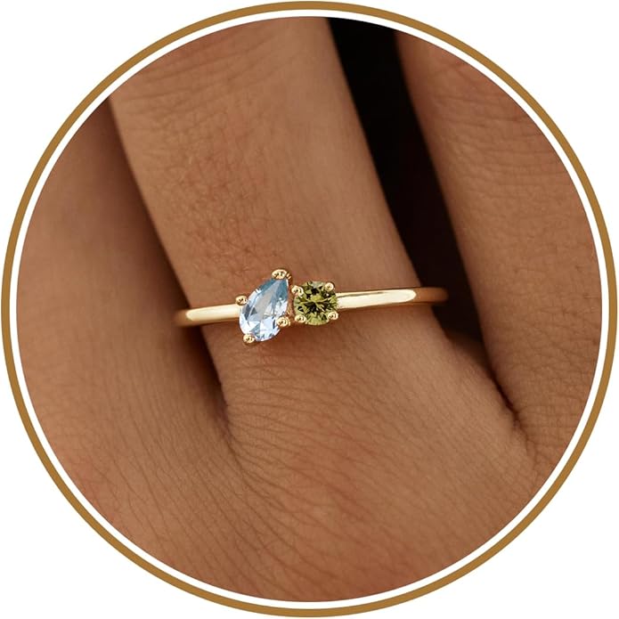 JSJOY Birthstone Rings for Women Dainty Emerald Blue Ring Birthday Gifts for Mom Her Gemstones CZ Ring for Teens Gold Rings That Don't Tarnish Adjustable Ring Jewelry Gifts