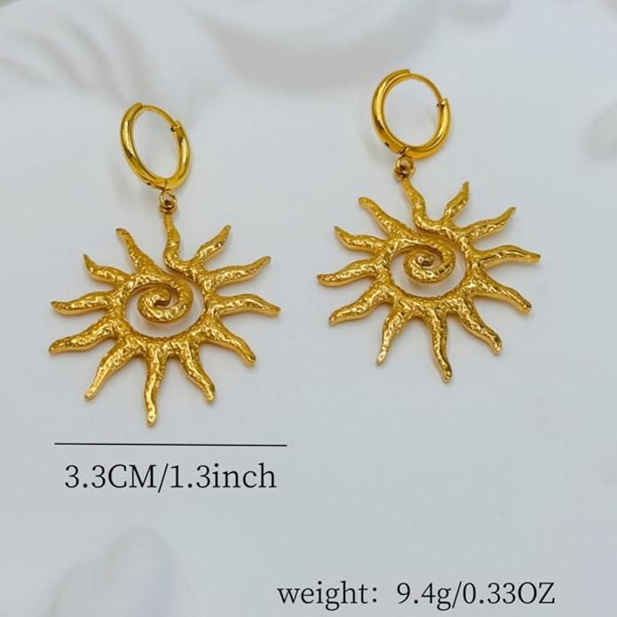 Sunburst Heart Dangle Hoop Earrings, 18K Gold Plated hypoallergenic Stainless Steel Cute Jewelry for Women daily Wear