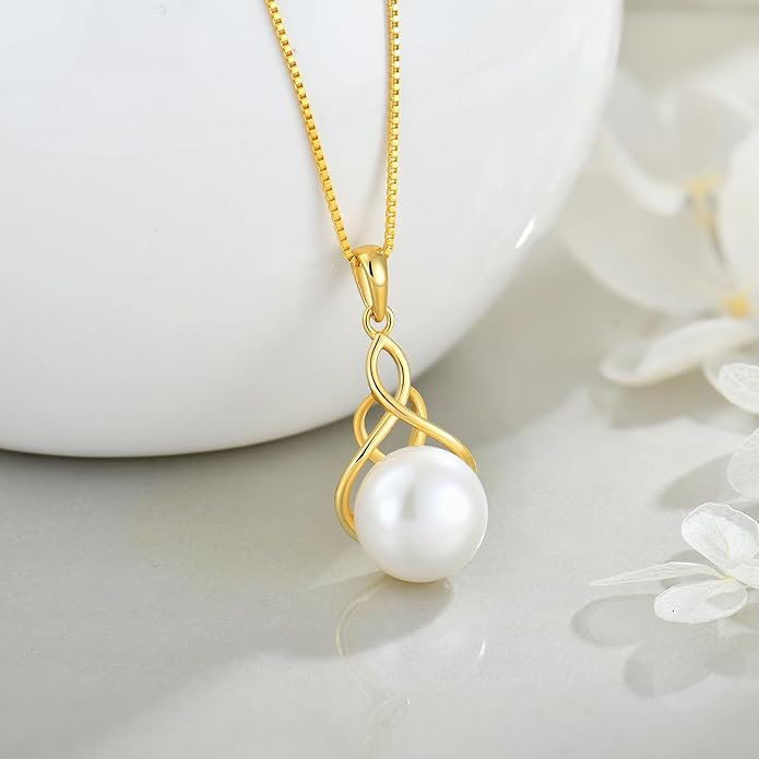 Veshon Celtic Infinity Pearl Pendant Necklace for Women, 925 Sterling Silver Good Luck Irish Pendant with 10MM Freshwater Cultured Pearl, White/Rose/ 14K Gold Plated Jewelry Gift
