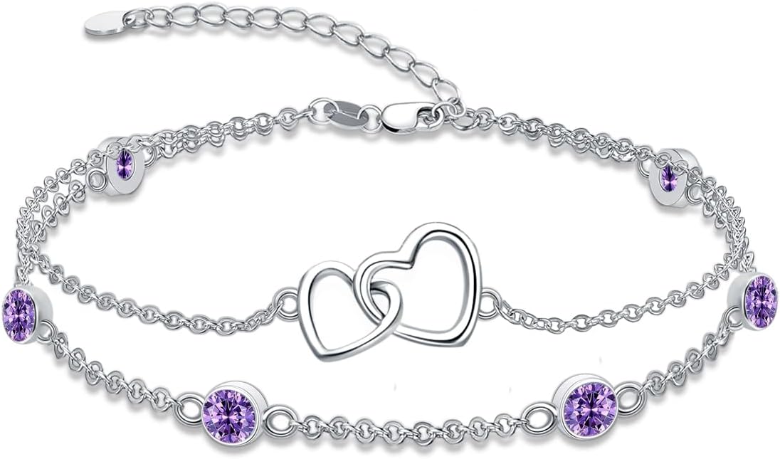 Dorunmo Heart Birthstone Bracelet Anklet for Women 925 Sterling Silver Birthday Jewelry Gifts for Women Wife