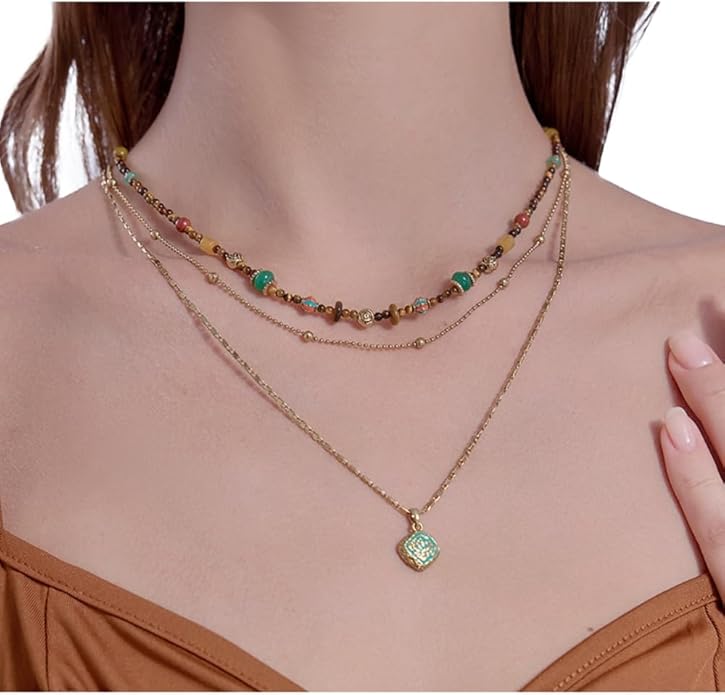 boho layered Original design Retro style multi-layer beaded necklace Fashion women's gold-plated necklace M3396