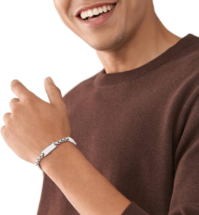Fossil Men's Plated Stainless Steel Engravable Personalized Gift ID, Chain or Cuff Bracelet for Men