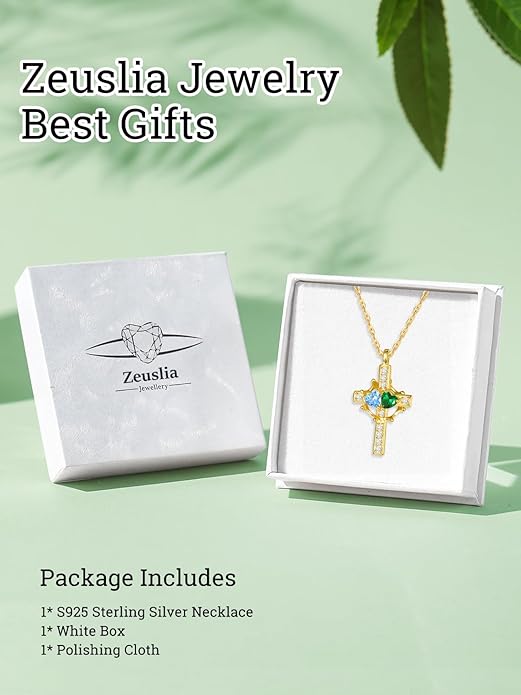 Zeuslia Double Birthstone Necklace Gifts for Wife - 925 Sterling Silver Sunflower/Rose/Crown Cross/Compass/Heart Pendant I Love You Necklace, Anniversary Birthday Gifts for Wife Girlfriend Mom Her