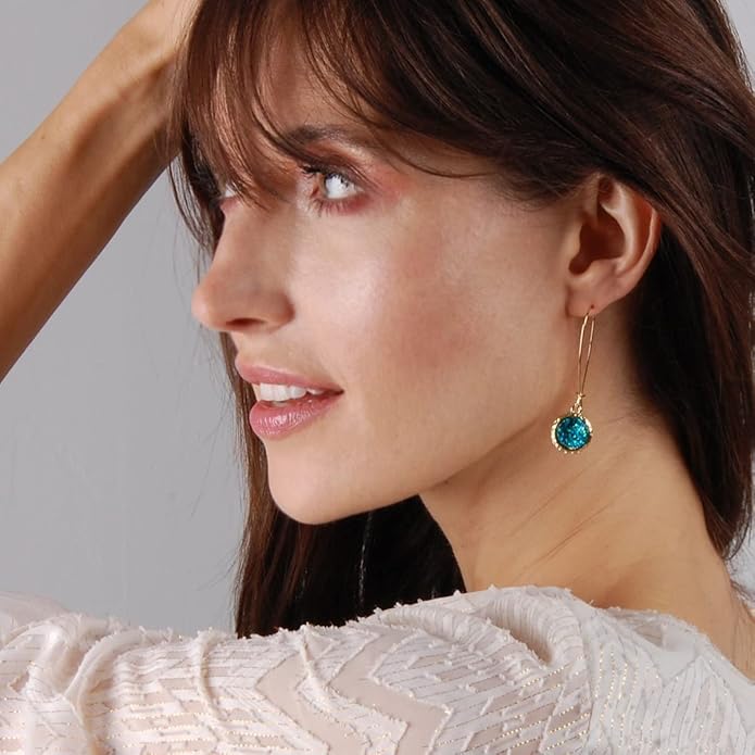 Simulated Druzy Threader Drop Earrings for Women - Gold, Silver, or Rose Gold Tone Trendy Boho Dangles with Sparkly Round Stone