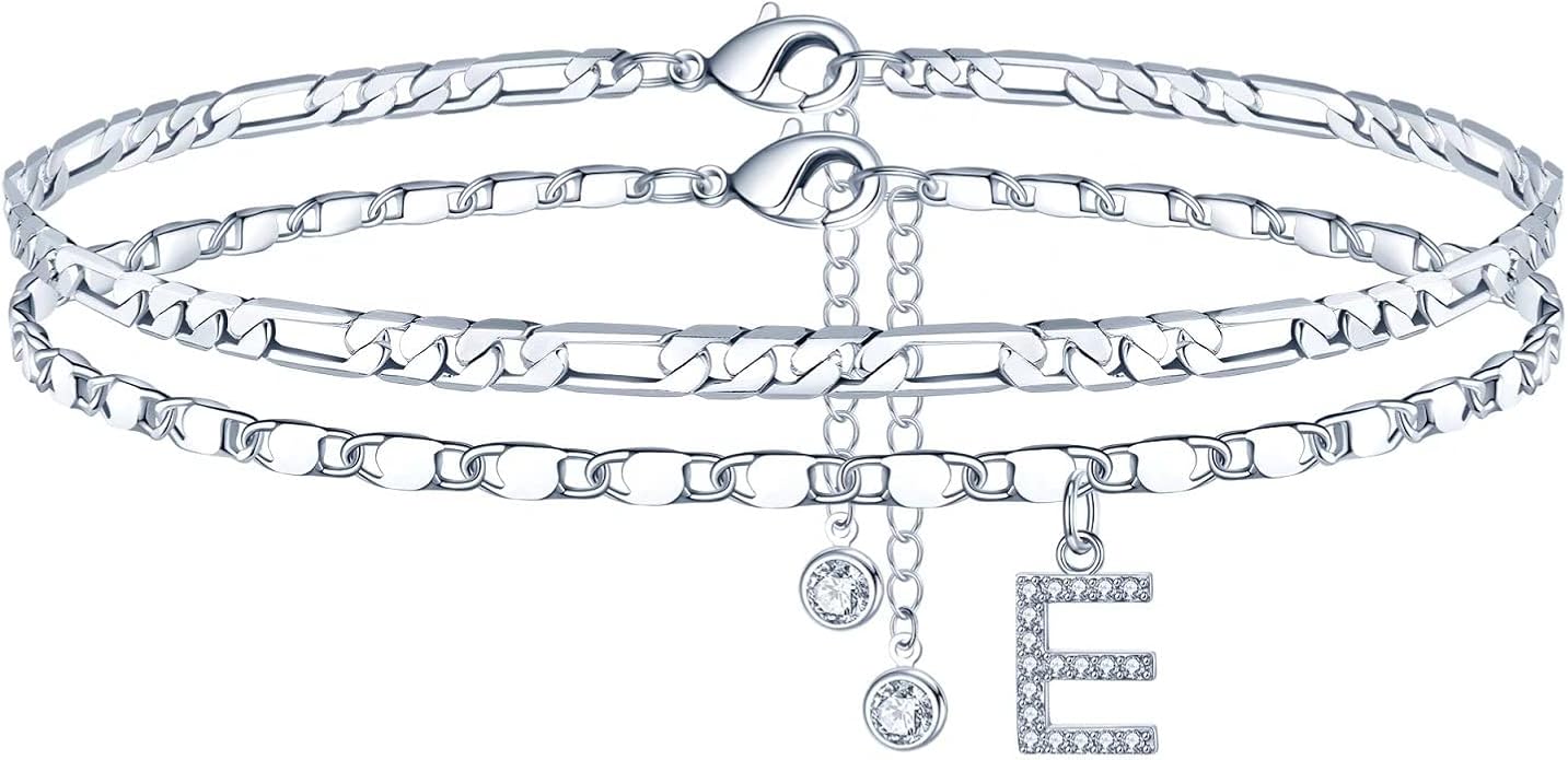 Ursteel Ankle Bracelets for Women, 14K-Gold-Plated Dainty Layered Chain CZ Initial Anklets Set Summer Jewelry Gifts for Women