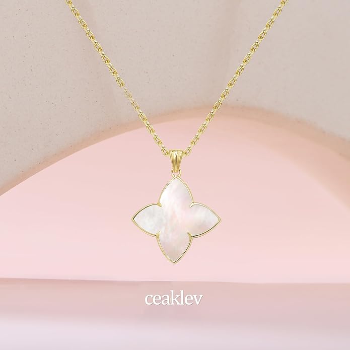 S925 Women's Sterling Silver Pendant Necklace - Classic Mother Pearl Four-Leaf Flower Necklace with Cubic Zircon, Hypoallergenic Fine Jewelry Gift