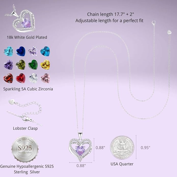 Birthstone Heart Necklace for Women Wife Girlfriend Mom Daughter Gifts S925 Silver Jewelry For Anniversary Rose Gold Gifts For Birthday Christmas Mothers Valentines Day