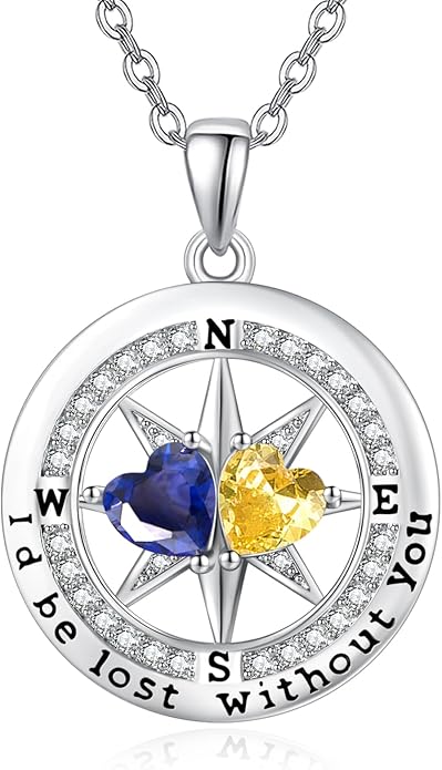 Compass Birthstones Necklace for Women, Exquisite Anniversary Birthday Gifts for Wife Her Double Birthstone Pendant jewelry ‘I'd be Lost Without You’