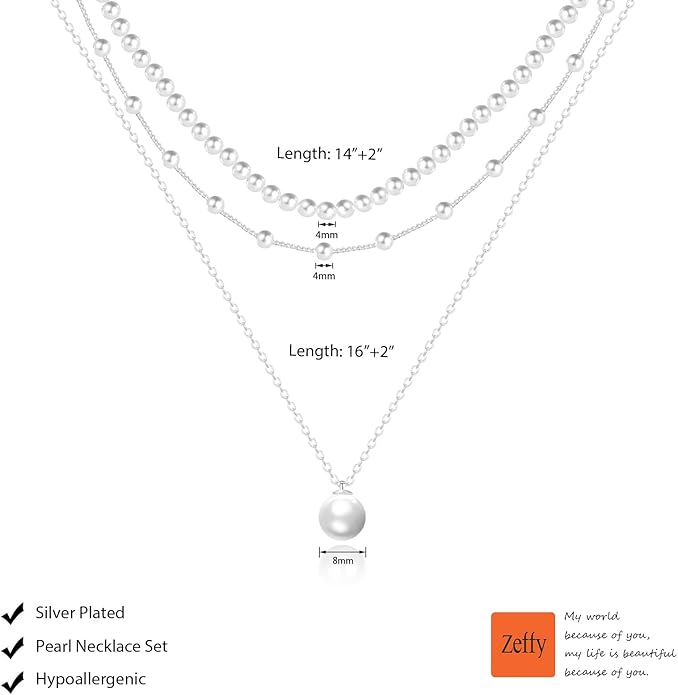 Zeffy Gold Pearl Necklace for Women, Dainty 14K Gold/Silve Plated Layered Pearl Choker Pearl Earrings Pearl Bracelets Wedding Trendy Gold Jewelry Set for Women Gifts