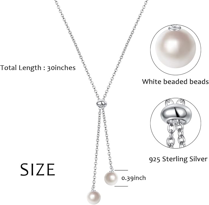 YinShan Long Chain Dainty Necklace Simple Style 925 Sterling Silver Heart Pearl Star Pendant Adjustable Y Shaped Necklace Jewelry for Women