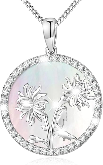 AGVANA Valentines Day Gifts Sterling Silver Birth Flower Necklace for Women Genuine Mother of Pearl CZ Round Disc Pendant Necklace Fine Jewelry Anniversary Birthday Gifts for Women Wife Mom Her