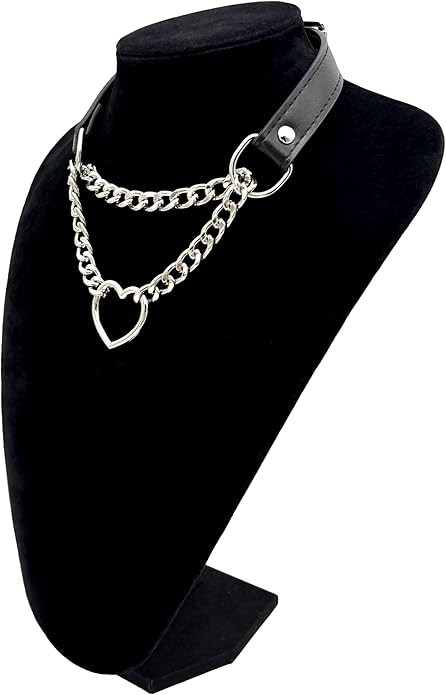 Black Leather Choker Collar For Women, Handmade Heart Slip Chain Choker Long Necklace with Adjustable Buckle