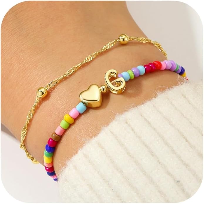 Ursteel Colorful Initial Heart Bracelets for Women - 14K Gold Plated Beaded Letter A-Z Bracelet, Layered Stretch Initial Bracelets, Women Trendy Bohemian Jewelry Birthday Gifts
