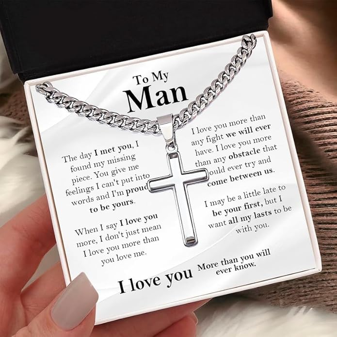 SUTERY Cross Cuban Chain Necklace - Promise Necklace for Him, Necklace for Boyfriend, Mens Necklace for Fiance, Valentine's Day