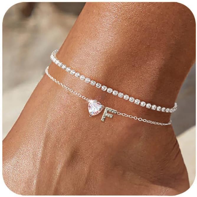 Heart Initial Silver Anklets for Women Waterproof Dainty Silver Plated ankle bracelets for women Large Ankle Women's Anklets Tennis ankle bracelets Non Tarnish Summer Beach Foot Jewelry