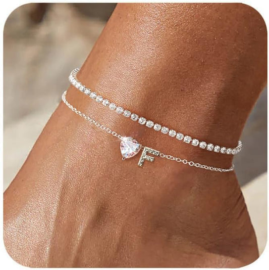 Heart Initial Silver Anklets for Women Waterproof Dainty Silver Plated ankle bracelets for women Large Ankle Women's Anklets Tennis ankle bracelets Non Tarnish Summer Beach Foot Jewelry