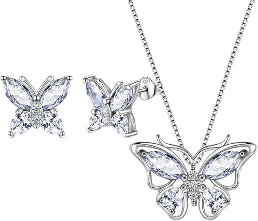 Aurora Tears Butterfly Jewelry,Women 925 Sterling Silver Butterflies Birthstone Pendant Necklace/Earrings/Rings Wedding Gift