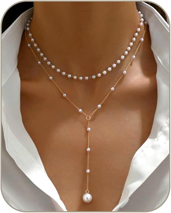 Layered Pearl Choker Necklaces for Women Gold Plated Dainty Trendy Faux Pearl Drop Pendant Y Shaped Layered Gold Necklace Wedding Bridal Jewelry