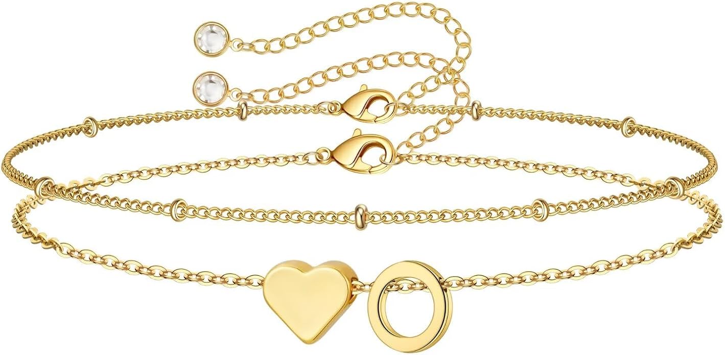 M MOOHAM Christmas Gifts for Grandkids Teens Girls -14K-Gold-Plated Heart Initial Bracelets for Women Girl Dainty Gold Bracelets Birthday Gift Stocking Stuffers for Women Teenage Girls Kids Gifts